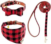 EXPAWLORER Bow Tie Dog Collar and Leash Set Classic Plaid Adjustable Dogs Bandana and Collars with Bell for Puppy Cats 3 PCS Black