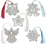 Opexicos 5Pcs Holy Guardian Angel Blue Bear Five-Pointed Star Snowflake Owl Alloy Bookmark Tassels Stationary Christening Wedding Favor Gift