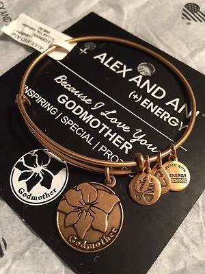 Alex and Ani ~ Because I Love You GodMother ~ Gold Tone Bangle Bracelet w/Pouch
