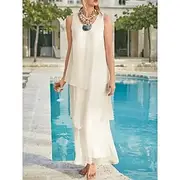 Beach Wedding Sheath Mother of the Bride Dress Wedding Guest Elegant Simple V Neck Ankle Length Chiffon Sleeveless with Tier Solid Color free custom size