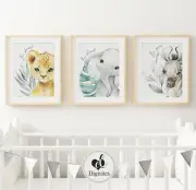 Nursery Wall Art Safari Animal Prints Elephant, Lion, Giraffe set of 3 be brave