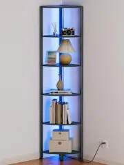 6 Tier Corner Shelf with LED Light, 67.5” Tall Standing Shelf Organizer, Blac...