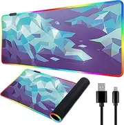Blue and Purple Large Mouse Pad Rhombus Geometric Pattern Mousepad XXL Extended Gaming Mouse Mats Stitched Edges Office Desk Pads with 7 LED Light Colors(Size:80x30cm)