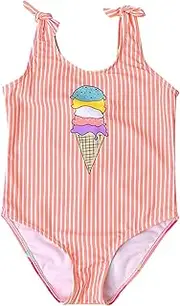 [Generic] Kids Bikini 12 Toddler Girls Sleeveless Striped Cartoon Prints Swimwear Beach Onesie Swimsuit Bikini Girls Bathing Size 5