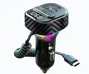 Basecn Car Bluetooth5.3 FM Transmitter with Type C Coiled Cable(1m), 3-Ports Fast Charger, PD 30W Adapter for Laptop, MacBook, Phones, iPad, Colourful Breathing Light