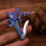 New Mini Titanium Keychain Folding Blade Knife Necklace Pocket Multi Tools Card