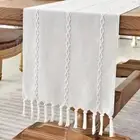 Rustic Linen Farmhouse Table Runner –Embroidered with Hand-Tassels for Dining