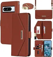 [Cavor] Crossbody Wallet Case for Google Pixel 8 Pro Case 6.7" Flip Cover Magnetic Leather Women Handbag Card Slots Holder Zipper Kickstand Purse with Detachable Shoulder Lanyard Strap-Brown