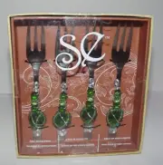 Handcrafted Stainless Steel 4 Dessert Forks Green Round Facetted Beaded Handles