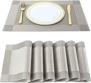 FGSAEOR Placemats, Place Mats for Kitchen Dining Table, Heat-Resistant Anti-Skid Stain Washable PVC Table Mats, Easy to Cleaning Woven Vinyl Dinner Mats (Silver, 6 Pack)