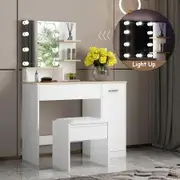 White Dressing Table Dresser Makeup Vanity Table Stool Set with Mirror & LED Lights