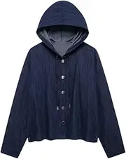 [Generic] Women's Casual Loose Denim Suit Solid Color Button Hooded Top with Drawstring Straight Leg Pants Two-Piece Set