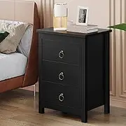 ALFORDSON Bedside Table with Pull Ring Handles, Nightstand Cabinet 50cm x 39cm x 68.5cm, Storage Organiser Drawer Shelves Vintage Bedroom Living Room Sofa Side Table (Black)