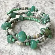 Boho Hippie Magazine Upcycled Paper Bead & Green Agate Memory Wire Bracelet