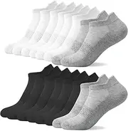 [Zuimei] 8 Pairs Ankle Trainer Socks for Men Women, Cushioned Sports Trainer Socks Cotton Breathable Low Cut Athletic Running Socks, Black, White, Gray, Medium-Large