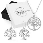 Boxed Solid 925 Signature Silver Tree of Life Necklace and Earrings Set
