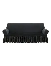 [SOGA] 4-Seater Sofa Cover with Ruffled Skirt Couch Protector in Dark Grey