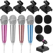 Mikinona 4Sets Mini Microphone for Phones and Laptops Color Mini Mics with Sponge Covers Stands Easy Plug Play for Singing Recording and Fun Moments
