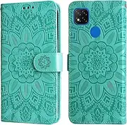 SLLMYYX Wallet Case Compatible with Xiaomi Redmi 9C, Embossed Sunflower Petal PU Leather Phone Flip Wallet Shockproof Cover Case with Kickstand Card Slots (Green)