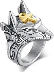 RIUKIU Vintage Anubis Protection Ring, Stylish Stainless Steel Men's and Women's Ring,Silver,11