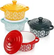 Goaste 4 Pack Porcelain Ramekins with Lids, 7 OZ Mini Casserole Dish with Handles, Round Ceramic Cocotte Bowl Set, Individual Small Baking Dish for Souffle, Creme Brulee, Lava Cake, Soup (4 Colors)
