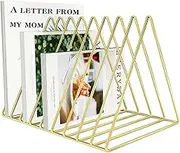 VOSTOR Files Folder Stand Desktop File Organizer, Triangle Wire Magazine Holder Book Shelf, 9 Slot File Sorter Eye-catching Decoration for Indoor Office Home, Photography Props, Fashion in INS(Gold)