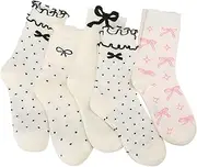 [Jspupifip] 5 Pairs Women Ruffle Bow Socks Cute Casual Crew Socks Soft Knitted Breathable Cotton Ankle Socks Fashion Frilly Bow Socks, White, One Size