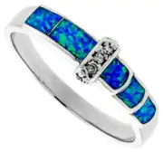 Women Silver Rhodium Plated Simulated Opal Inlay Ring CZ Stone accents 4mm