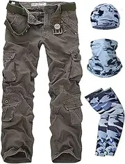[HanzhuoLG] Men Cargo Overalls Tactical Military Camouflage Pants Work Training Camo Combat Offroad Army Male Clothing Baggy Large Size Straight Trousers For Men's + Sun Protection Kit Earthy green XL