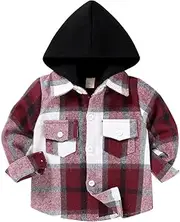 [YOUNGER STAR] Toddler Kids Boys Girls Flannel Hooded Plaid Shirt Button Baby Red Plaid Shirt Plaid Shirt Hooded Clothes