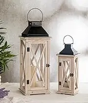 Large Wooden Candle Lanterns Decorative Set of 2, Rustic Farmhouse Whitewash Floor Lanterns, Indoor/Outdoor Hanging Lanterns for Home Decor (No Glass)