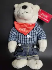 13" Cocoa Cola Plush Bear Flannel Shirt Blue Jeans Bandana 2 Bottles of Coke