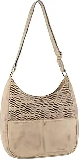 [Pierre Cardin] Women's Italian Leather Perforated Cross-Body Travel Bag, Latte