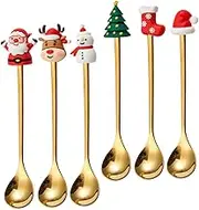 Cabilock 6Pcs Stainless Steel Dessert Spoons Christmas Themed Beverage Mixing Spoons for Coffee Cake Desserts Polished Finish for Home Restaurant Use