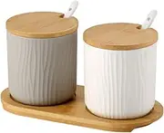 OnePine Set of 2 Ceramic Sugar Bowl 300ml Ceramic Spice Jar Condiment Pots with Bamboo Lid and Ceramic Spoon for Home and Kitchen, Height 3.93 inch,White and Gray