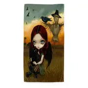 Scary Autumn the Scarecrow and Crow Winged Girl Beach Towels Medium Large Extra Large