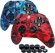 [2 Pack] Jusy Xbox Series X/S Controller Soft Silicone Cover Skin, Sweat-Proof Anti-Slip Case Cover Protective Accessories Set, Dust-Proof Skin for Xbox Series X/S, with 10 Thumb Grips (Red+Blue)