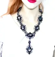 Gray Rhinestone Crystal Statement Lariat Necklace Large Luxury Jewelry