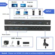 4K @60Hz HDMI KVM Switch Dual Monitor 4 In 1Out 4 Ports USB 3.0 DP KVM Switcher