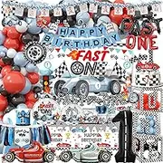 Fast One Birthday Decorations For Boys 1st Race Car Theme Party Decor Supplies for Baby Party Supplies include Photo Banner Highchair Banner Crown Balloon Boxes Backdrop Tableware Set