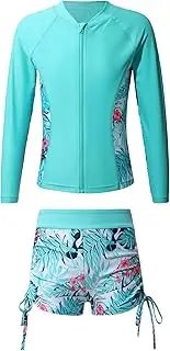 TiaoBug Kids Girls Swimming Costume 4 Piece Long Sleeve Floral Swimsuit UV Sun Protection Rash Guard Swimwear
