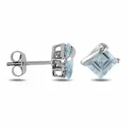 Princess-Cut Aquamarine Overlay Stud Earrings in 10K White Gold