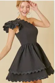 *Main Strip* One Shoulder ace of spade Black Scalloped Hem Mini Dress NWT- Sz M