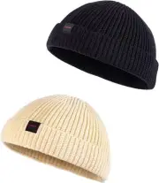 2 Pack Fisherman Beanie Hats for Men Women,Knit 7-7 1/4, 2pcs:black+cream(m)