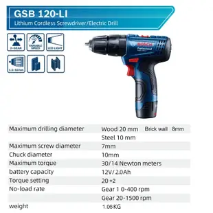 Bosch GSR 120-LI GSB 120-LI Gen 2 無繩衝擊鑽驅動器 12V 專業無刷電鑽電動工具組螺絲