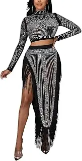 [LUXRUB] Women's Sexy Party Club 2 Pieces Outfit Rhinestone Sheer Mesh Long Sleeve Crop Top and Tassel Slit Hem Maxi Skirt Set (Color : Black, Size : Medium)