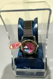 Girl's Disney Watch Mickey Mouse Pink Face Black Strap Stainless Steel Silver
