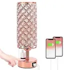 Crystal Table Lamp, Rose Gold Bedroom Lamp USB-C+A+AC Ports Rose Gold Lamp