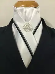HHD Custom White Satin Stock Tie Navy Blue or Black & Grey Piping