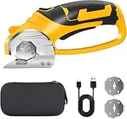 SWNEPOF Cordless Electric Scissors, 4V Rechargeable Fabric Cutter with Safety Lock & Light, Heavy Duty Power Rotary Cutter for Leather, Carpet, Cardboard, Sewing & Crafting, 2 x Blades (Yellow)